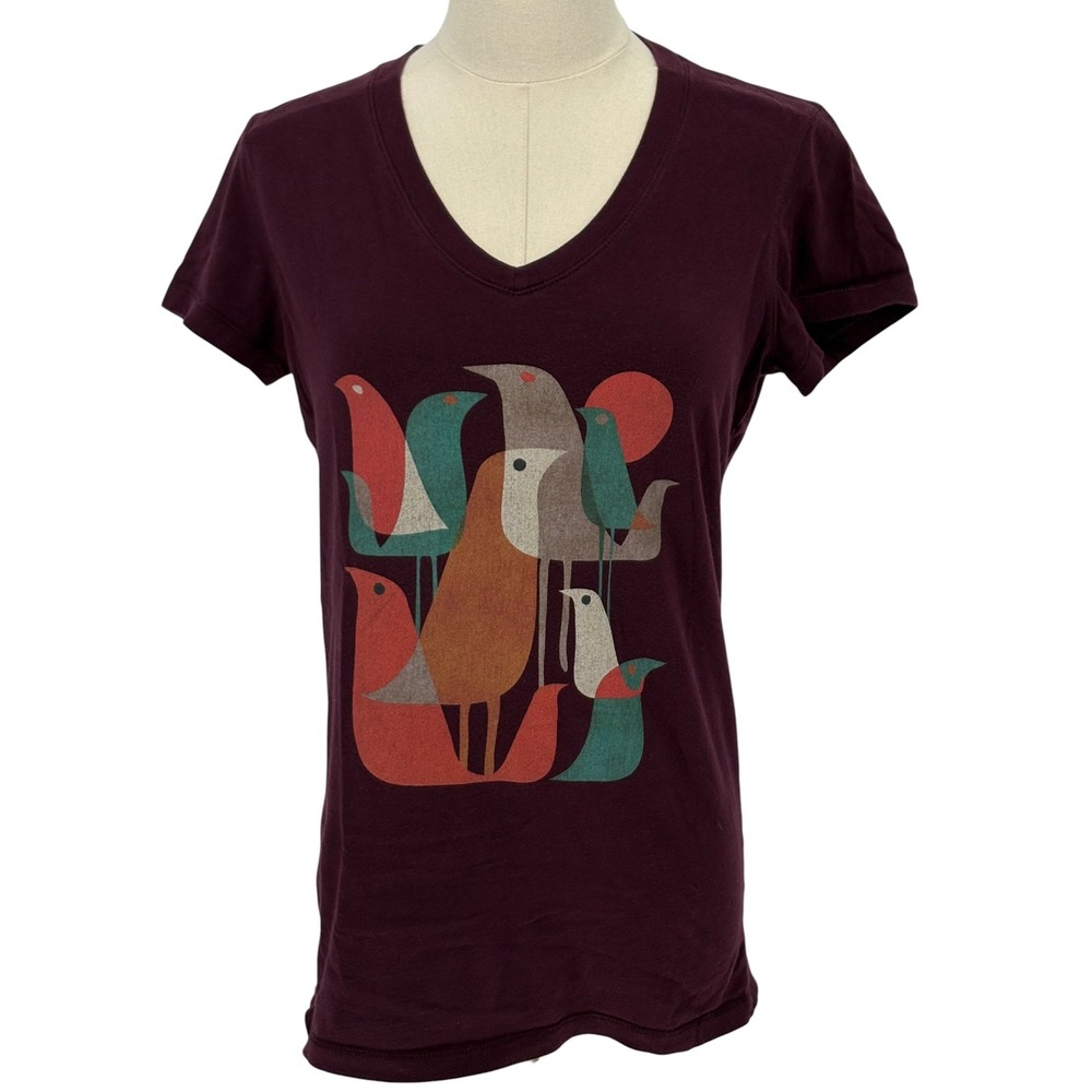 Threadless T-Shirt Burgundy Bird Graphic V-Neck 100% Cotton‎ M